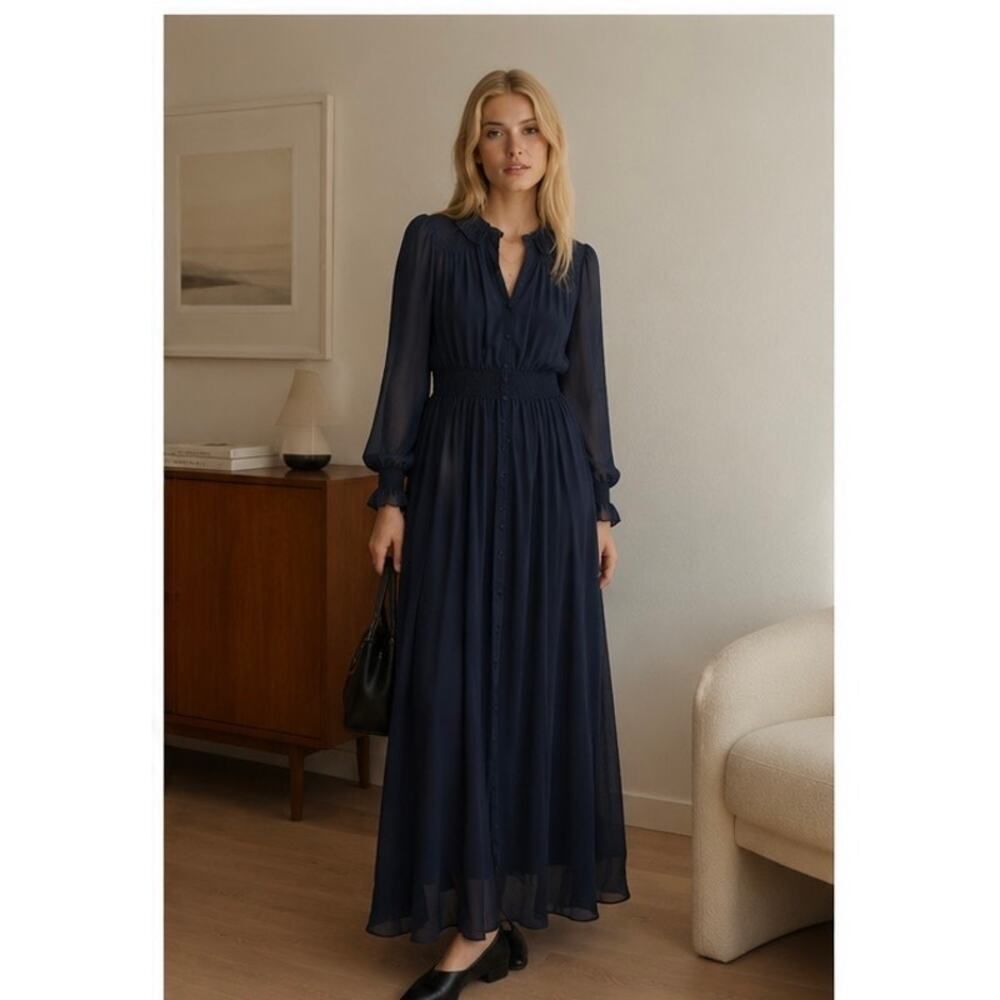 Reformation Nara Smith brown sugar ruffle dress navy US6